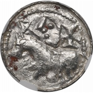 Boleslao II l'Ardito, Cracovia, denario, principe a cavallo, CROSS - NGC MS63