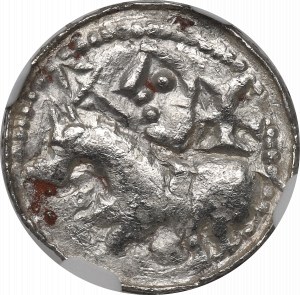 Bolesław II Śmiały, Kraków, denar, książę na koniu, KRZYŻ - NGC MS63