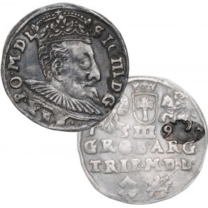 Sigismondo III Vasa, Trojak 1597, Vilnius, DATA al TOP, leone trafitto con uncino - RARO
