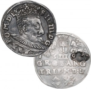 Sigismund III Vasa, Trojak 1597, Vilnius, DATUM oben, Löwe mit Haken durchbohrt - RARE
