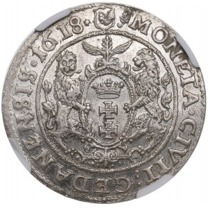 Zygmunt III Waza, Ort 1618, Gdańsk, liść KLONU - NGC MS63 (JEDYNY)
