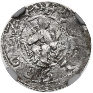 Bolesław III Krzywousty, Kraków, denar, książę na tronie, DENRAIV - NGC MS61