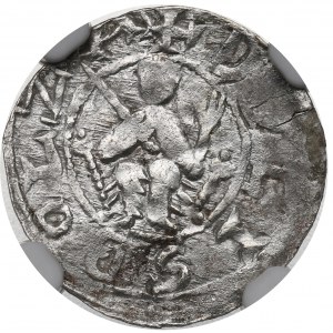 Boleslao III di Wrymouth, Cracovia, denario, principe sul trono, DENRAIV - NGC MS61