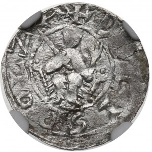 Boleslao III di Wrymouth, Cracovia, denario, principe sul trono, DENRAIV - NGC MS61
