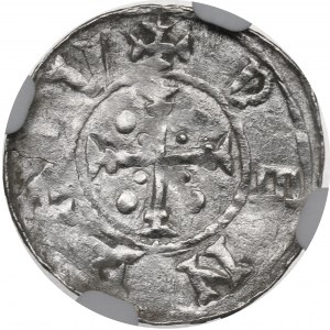 Bolesław III Krzywousty, Kraków, denar, książę na tronie, DENRAIV - NGC MS61