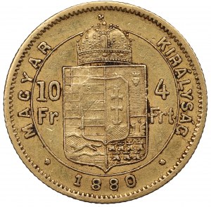 Maďarsko, 10 franků=4 forinty 1880