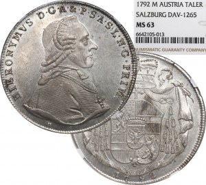 Austria, Salzburg, Hieronim Joseph, Thaler 1792 - NGC MS63