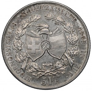Svizzera, 5 franchi 1869 - Festa del tiro a segno di Zugo
