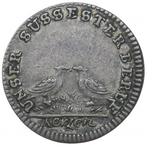 Augustus II Silný, žetón bez dátumu, holuby a kohút na sliepke