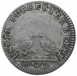 Augustus II Silný, žetón bez dátumu, holuby a kohút na sliepke