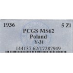 II RP, 5 Zloty 1936 Segelschiff - PCGS MS62