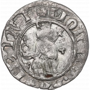 Kazimír III. velký, půlpenny bez datace, Krakov - rarita Žezlo na okraji mince