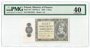II RP, 1 zloty 1938 P - PMG 40 rare single letter series