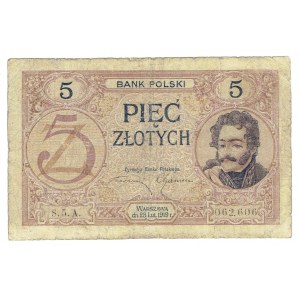 II RP, 5 zloty 28 février 1919 S.5. A - rare variété à un chiffre