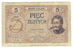 II RP, 5 zloty 28 février 1919 S.5. A - rare variété à un chiffre