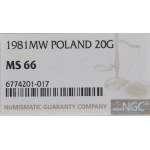 People's Republic of Poland, 20 groschen 1981 - NGC MS66