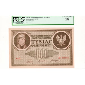 II RP, 1000 marek polskich 1919 - Ser.O - 6 cyfr - PCGS 58