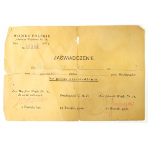 PRL, Zaświadczenie o niepodleganiu przesiedleniu Akcja Wisła 1947