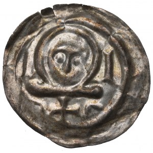 Henryk I Brodaty (1201-38) / Henryk II Pobożny (1238-41), Wrocław, brakteat, głowa na belce - RZADKOŚĆ