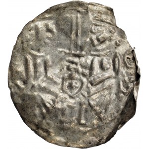 Mieszko III Stary (1138-1202), Gniezno?, brakteat hebrajski, dwie postacie i napis Mszk (Mieszko) - WIELKA RZADKOŚĆ