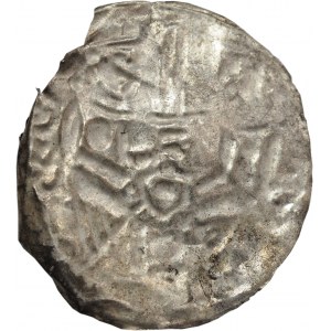 Mieszko III Stary (1138-1202), Gniezno?, brakteat hebrajski, dwie postacie i napis Mszk (Mieszko) - WIELKA RZADKOŚĆ