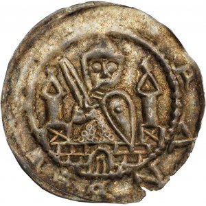 Jaksa z Kopanicy (1158-76) (lub Albrecht Niedźwiedź), Kopanica, brakteat, półpostać na murze - WIELKA RZADKOŚĆ