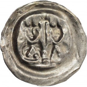 Władysłw Laskonogi (1202-29) i Henryk Brodaty (1201-38), Kraków, brakteat, dwie UKORONOWANE postacie - WYBITNA RZADKOŚĆ