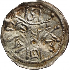 Bolesław IV Kędzierzawy (1146-73), Kraków, denar, TRZY ŁUKI i napis - WYBITNY