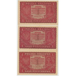 II RP, 1 marka polska 1919 - Zestaw 3 egz.