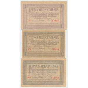 II RP, 1 marka polska 1919 - Zestaw 3 egz.