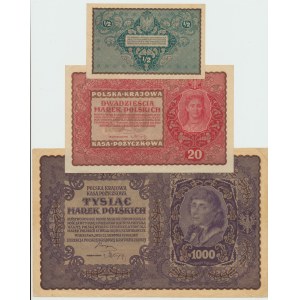 II RP, 1/2 marki polskiej 1920 - 1000 marek polskich 1919 - Zestaw 3 egz.
