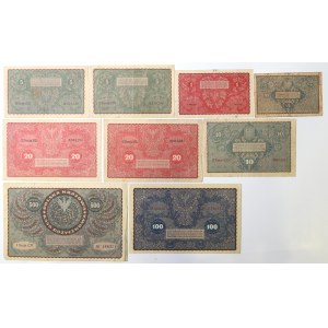 II RP, 1 - 500 marek polskich 1919 - Zestaw 9 egz.