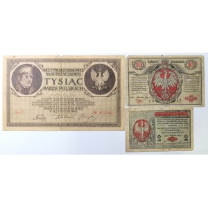II RP, 2 - 1000 marek polskich 1919 - Zestaw 3 egz.