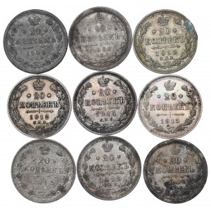 Russia, Nicholas II, lot of 20 kopecks 1904-15