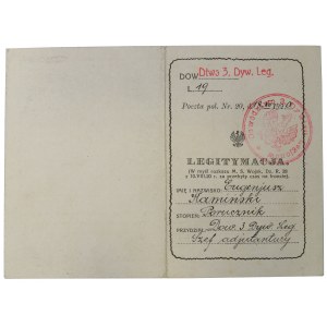 II RP, Legitimation Badge for service at the front - Lt. Eugeniusz Kaminski Command of the 3rd Legion Division