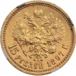 Russia, Nicholas II, 15 rouble 1897 AГ - NGC MS62