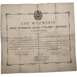 List Wyzwolin - Urząd Starszych Cechu Stolarzy i Bednarzy Krakowskich - Kraków 1892 [Stolarstwo]