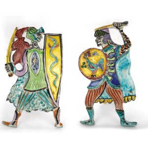 Pair of warriors, polychrome ceramic sculpture mid 20th century