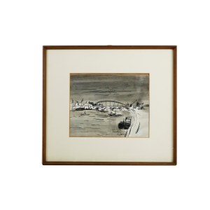 Glimpse of the city with a bridge drawings in black ink on paper