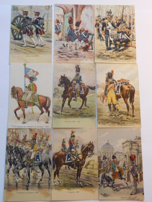 Ca 1950 LEROUX Pierre Albert, Napoléon 1807: A collection of 9 military postcards featuring Napoleon's army.
