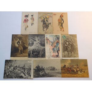 Ca 1920. ZBIÓR 10 wojskowych kart pocztowych z armią i bitwami Napoleona.
