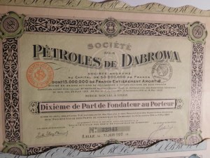 1920-25. ZBIÓR 3 polsko-francuskich akcji przemysłu naftowego DĄBROWA.
