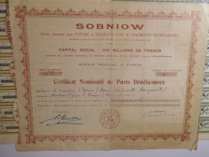 1923-24. ZBIÓR 3 polsko-francuskich akcji przemysłu naftowego SOBNIÓW.