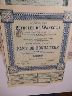 1914-28. ZBIÓR 9 polsko-francuskich, rumuńskich, belgijskich i czechosłowackich akcji przemysłu naftowego WAŃKOWA.