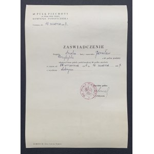 ZAŚWIADCZENIE - ukończenia kursu szkoły podoficerskiej 69 pułku piechoty. Gniezno [1937]