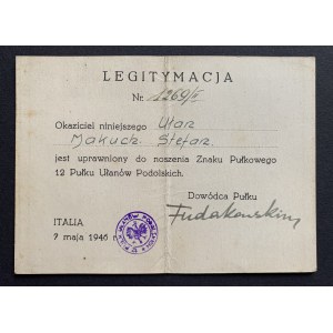 LEGITYMACJA uprawniająca do noszenia odznaczenia Znaku Pułkowego 12 Pułku Ułanów Podolskich [1946]