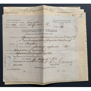 [LOWICZ] Set of 5 Birth Certificates issued on the basis of Metric Books. [1897-1910]