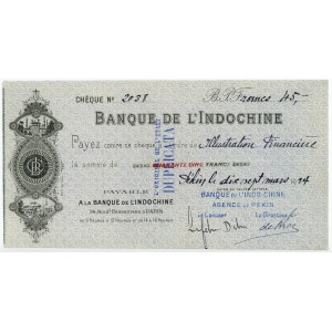 French Indochina Vietnam Banque de l'Indochine Cheque for 45 Francs Peking Beijing Agency 1924