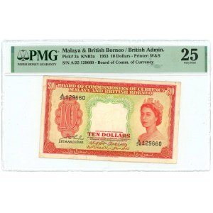 Malaya British Borneo 10 Dollars 1953 PMG 25