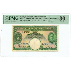 Malaya British Administration 5 Dollars 1941 - 1945 PMG 30